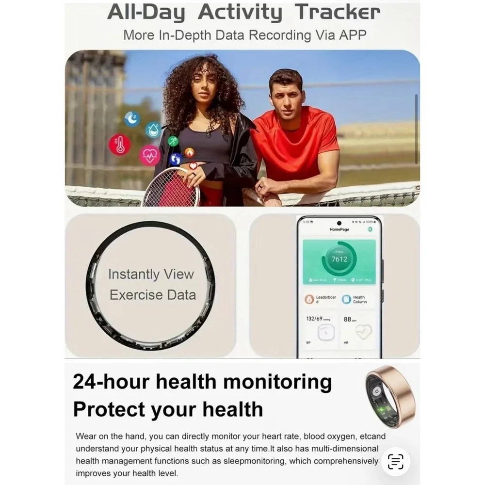 SmartHealth Smart Ring Stainless Steel Silver Waterproof Fitness Tracker Size 10